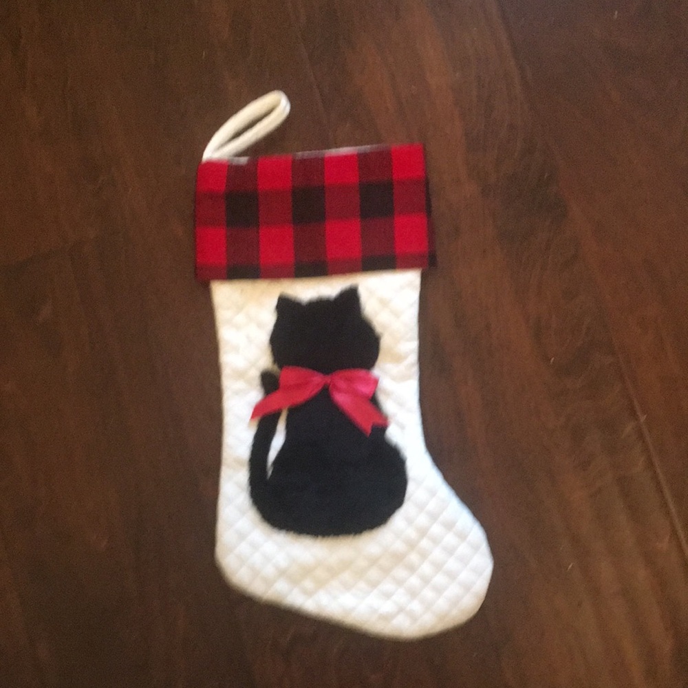 White Quilted Christmas Stocking with Black Cat and Red Plaid Cuff